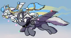Size: 1280x682 | Tagged: safe, artist:virmir, derpibooru import, oc, oc:princess toytime, oc:trask, oc:virmare, oc:virmir, unofficial characters only, original species, plane pony, pony, unicorn, bridle, bubble, flying, image, plane, planeified, plushie, png, saddle, species swap, tack, transformation