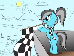 Size: 1000x750 | Tagged: safe, artist:glimglam, derpibooru import, oc, oc:pole position, unofficial characters only, earth pony, pony, canterlot, clothes, cloud, female, flag, freckles, hairband, mountain, mouth hold, ponytail, racing, scarf, smiling, sun