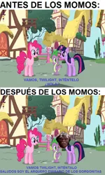 Size: 600x1000 | Tagged: archer, before and after, derpibooru import, dragon, edit, edited screencap, friendship is magic, meme, pinkie pie, safe, screencap, small soldiers, spanish, spike, twilight sparkle