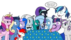 Size: 1053x600 | Tagged: safe, artist:dekomaru, derpibooru import, night light, princess cadance, shining armor, trixie, twilight sparkle, twilight velvet, oc, oc:aurora, alicorn, pony, unicorn, tumblr:ask twixie, ask, cadance is not amused, captain obvious, female, lesbian, magical lesbian spawn, mare, moment killer, offspring, parent:trixie, parent:twilight sparkle, parents:twixie, shining armor is a goddamn moron, shipping, tumblr, twixie, unamused