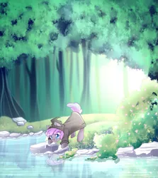 Size: 991x1111 | Tagged: safe, artist:airiniblock, derpibooru import, oc, oc:sirocca, unofficial characters only, bat pony, pony, forest, pond, rcf community, reflection, solo, tongue out