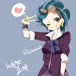 Size: 1000x1000 | Tagged: dead source, safe, artist:lotte, derpibooru import, indigo zap, equestria girls, friendship games, heart, looking at you, one eye closed, peace sign, solo, wink