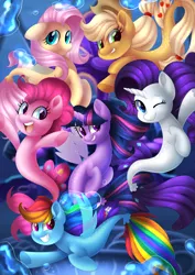 Size: 4961x7016 | Tagged: safe, artist:scarlet-spectrum, derpibooru import, applejack, fluttershy, pinkie pie, rainbow dash, rarity, twilight sparkle, alicorn, earth pony, pegasus, seapony (g4), unicorn, my little pony: the movie, absurd resolution, applejack's hat, blue eyes, blue mane, bubble, cowboy hat, cute, digital art, dorsal fin, eyelashes, fin, fin wings, fins, fish tail, flowing mane, flowing tail, g4, glow, green eyes, happy, hat, horn, image, looking at you, mane six, ocean, one eye closed, open mouth, open smile, pink eyes, pink mane, png, purple eyes, scales, seaponified, seapony applejack, seapony fluttershy, seapony pinkie pie, seapony rainbow dash, seapony rarity, seapony twilight, seaquestria, smiling, smiling at you, species swap, swimming, tail, teeth, throne room, underwater, water, wings, wink, winking at you, yellow mane