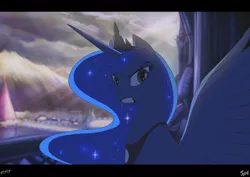 Size: 1284x908 | Tagged: safe, artist:jowybean, derpibooru import, princess luna, alicorn, pony, angry, balcony, castle, cloud, cloudy, crepuscular rays, female, glare, gritted teeth, horn, mare, mountain, mountain range, scenery, solo, spread wings, wings