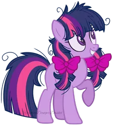 Size: 1024x1131 | Tagged: safe, artist:bezziie, derpibooru import, twilight sparkle, earth pony, pony, alternate universe, bow, earth pony twilight, female, hair bow, mare, messy mane, race swap, raised hoof, simple background, solo, transparent background, watermark