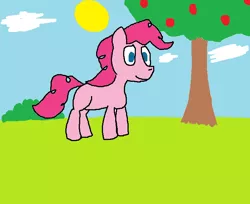 Size: 692x564 | Tagged: safe, derpibooru import, pinkie pie, earth pony, pony, 1000 hours in ms paint, apple, bush, cloud, food, grass, ms paint, quality, sky, smiling, solo, sun, tree