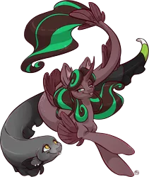 Size: 1743x2064 | Tagged: safe, artist:kez, derpibooru import, oc, oc:ghost hunter, oc:graphite sketch, unofficial characters only, fish, merpony, pony, unicorn, black ghost knife, duo, female, mare, simple background, tongue out, transparent background, underwater