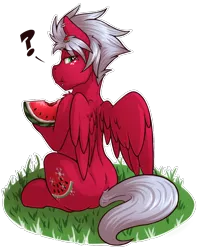 Size: 966x1200 | Tagged: safe, artist:denzel, artist:sugaryviolet, derpibooru import, oc, oc:melon frost, unofficial characters only, pegasus, pony, collaboration, commission, eating, food, looking back, question mark, simple background, sitting, solo, transparent background, watermelon