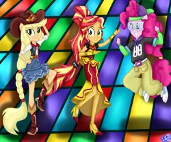 Size: 2300x1900 | Tagged: safe, artist:liniitadash23, derpibooru import, applejack, pinkie pie, sunset shimmer, dance magic, equestria girls, spoiler:eqg specials, clothes, converse, dress, pants, ponied up, rapper pie, shoes, shutter shades, sneakers