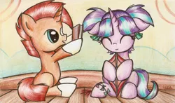Size: 1947x1143 | Tagged: safe, artist:nika191319, derpibooru import, starlight glimmer, sunburst, pony, unicorn, book, colored pencil drawing, colt, colt sunburst, cute, female, filly, filly starlight glimmer, foal, glimmerbetes, happy, kite, male, sunbetes, that pony sure does love kites, traditional art, weapons-grade cute, younger
