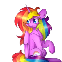 Size: 2000x2000 | Tagged: safe, artist:soundwavepie, derpibooru import, oc, oc:rainbow cloud, unofficial characters only, alicorn, pony, alicorn oc, colored pupils, female, frown, looking back, mare, raised hoof, simple background, sitting, solo, transparent background, wing fluff