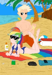 Size: 3000x4346 | Tagged: artist:edcom02, artist:jmkplover, beach, beach ball, beach towel, bikini, breasts, clothes, crossover, derpibooru import, fantastic four, human, human coloration, humanized, human torch, johnny storm, marvel comics, rainbow dash, suggestive, sunglasses, sunscreen, suntan lotion, swimsuit, water cooler