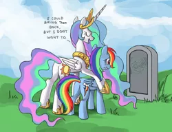 Size: 910x700 | Tagged: safe, artist:ponykillerx, derpibooru import, edit, editor:kingkek42, bright mac, pear butter, princess celestia, rainbow dash, alicorn, pegasus, pony, the perfect pear, brightbutter, butt, carving, celestia's grave meme, crying, cutie mark, exploitable meme, female, grave, gravestone, implied death, jewelry, male, mare, meme, plot, regalia, sad, shipping, stone, straight, text