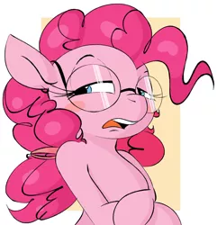 Size: 1000x1039 | Tagged: safe, artist:hattsy, artist:tre, derpibooru import, pinkie pie, earth pony, pony, semi-anthro, blush sticker, blushing, female, glasses, human shoulders, lidded eyes, mare, open mouth, pinkie specks, ponytail, solo