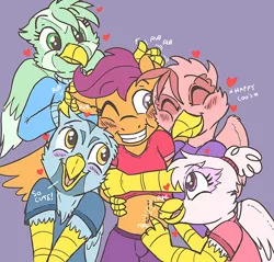 Size: 592x566 | Tagged: suggestive, artist:caroo, derpibooru import, scootaloo, oc, anthro, gryphon, belly button, blushing, ear scratch, eyes closed, grin, heart, hug, one eye closed, scootalove, sketch, smiling, tickling, tummy poke