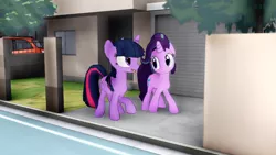 Size: 640x360 | Tagged: safe, artist:mmdkawaiiglimmery, derpibooru import, starlight glimmer, twilight sparkle, twilight sparkle (alicorn), alicorn, pony, 3d, car, house, mmd, subaru, subaru impreza, walking