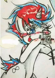 Size: 676x960 | Tagged: artist needed, safe, derpibooru import, oc, oc:infinite futura, unofficial characters only, pony, armpits, camera, female, hoof hold, mare, solo, tongue out, traditional art