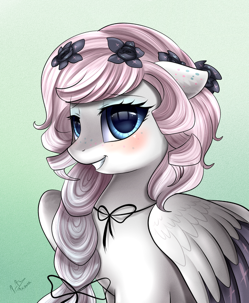 Size: 1446x1764 | Tagged: safe, artist:pridark, derpibooru import, oc, unofficial characters only, pegasus, pony, blushing, female, floppy ears, flower, flower in hair, looking at you, mare, smiling, solo