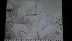 Size: 3264x1836 | Tagged: safe, artist:fatalqueef, derpibooru import, oc, oc:anonfilly, oc:nyx, unofficial characters only, alicorn, pony, 4chan, drawthread, female, filly, grin, lidded eyes, lip bite, looking at you, magical lesbian spawn, monochrome, nose wrinkle, offspring, smiling, traditional art