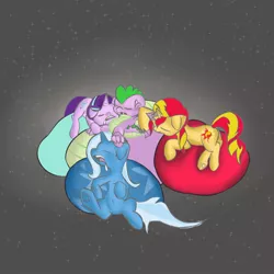 Size: 1024x1024 | Tagged: safe, artist:techgear, derpibooru import, edit, spike, starlight glimmer, sunset shimmer, trixie, dragon, pony, unicorn, bean bag chair, bisexual, counterparts, cute, female, lesbian, male, mare, polyamory, shipping, sleeping, sparlight, sparlixie, spike gets all the mares, spixie, straight, sunsetspike, twilight's counterparts