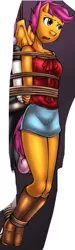 Size: 179x595 | Tagged: anthro, arm behind back, artist:dakuroihoshi, bondage, boots, breasts, clothes, commission, cropped, dafuq, denim skirt, derpibooru import, edit, explicit source, female, implied sweetie belle, miniskirt, plantigrade anthro, rope, rope bondage, scootaloo, shoes, skirt, skirtaloo, solo, solo female, suggestive, thighs, wings