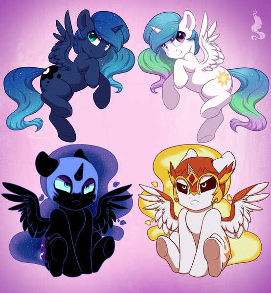 Size: 1200x1299 | Tagged: safe, artist:silentwulv, derpibooru import, daybreaker, nightmare moon, princess celestia, princess luna, alicorn, pony, a royal problem, chibi, cute, diabreaker, duality, female, filly, grumpy, moonabetes, nightmare woon, royal sisters, sitting