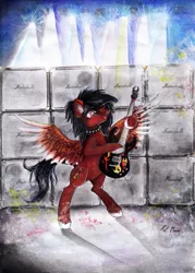 Size: 1024x1430 | Tagged: safe, artist:moonlight-ki, derpibooru import, oc, oc:crash, unofficial characters only, pony, bipedal, guitar, solo, traditional art