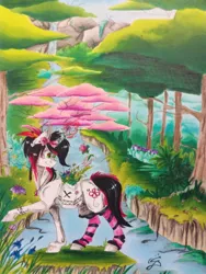 Size: 780x1040 | Tagged: safe, artist:scootiegp, derpibooru import, oc, oc:bloody herb, unofficial characters only, pony, clothes, feather, flower, forest, river, socks, solo, striped socks, traditional art, tree, waterfall