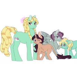 Size: 1024x846 | Tagged: safe, artist:uniquecolorchaos, derpibooru import, oc, oc:basil clove, oc:ginger tea, oc:herbal sakura, oc:spring sage, unofficial characters only, earth pony, pegasus, pony, unicorn, colt, female, filly, half-siblings, male, mare, offspring, parent:saffron masala, parent:tree hugger, parent:zephyr breeze, parents:saffron breeze, parents:zephyrhugger, siblings, simple background, white background