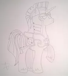 Size: 1757x1961 | Tagged: safe, derpibooru import, shining armor, pony, unicorn, armor, helmet, male, monochrome, pencil drawing, raised hoof, serious, serious face, sketch, solo, stallion, standing, traditional art, unshorn fetlocks