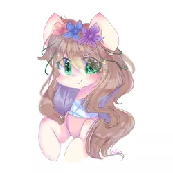 Size: 768x768 | Tagged: safe, artist:windymils, derpibooru import, oc, oc:black wings, unofficial characters only, pony, bust, female, floral head wreath, flower, mare, portrait, simple background, solo, white background