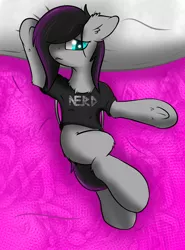 Size: 3000x4059 | Tagged: safe, artist:scarrly, derpibooru import, oc, oc:scarrly, unofficial characters only, bat pony, pony, clothes, fluffy, laying on bed, lying down, nerd, on back, shirt, solo, underhoof