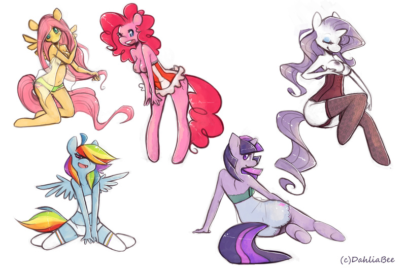 Size: 3608x2380 | Tagged: anthro, artist:dahliabee, ass, belly button, breasts, brown underwear, busty fluttershy, busty pinkie pie, busty rarity, clothes, corset, delicious flat chest, derpibooru import, female, fluttershy, frilly underwear, green underwear, kneeling, lingerie, nipples, nudity, panties, partial nudity, pinkie pie, questionable, rainbow dash, rainbow flat, rarity, skinny, socks, stockings, thigh highs, topless, twilight sparkle, underwear, white underwear