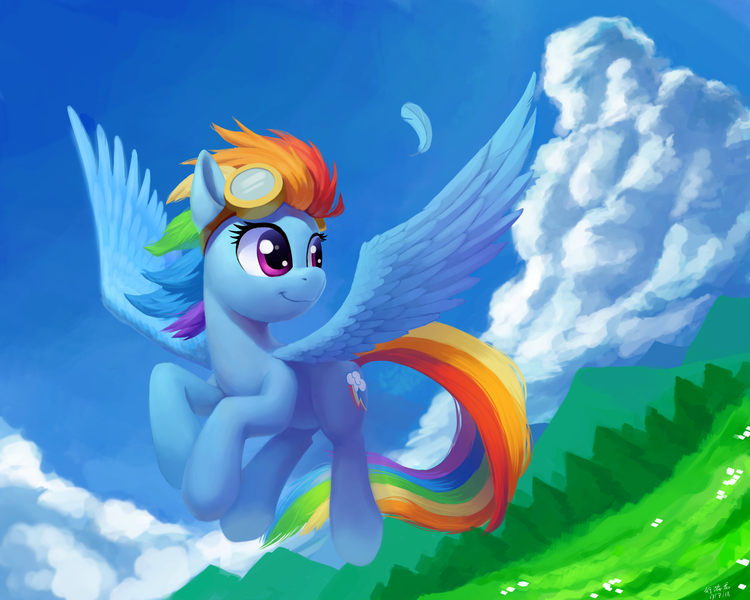 Size: 5000x4000 | Tagged: safe, artist:draconidsmxz, derpibooru import, rainbow dash, pegasus, pony, absurd resolution, cloud, cute, dashabetes, feather, female, flying, goggles, grass, mare, mountain, sky, smiling, solo, windswept mane