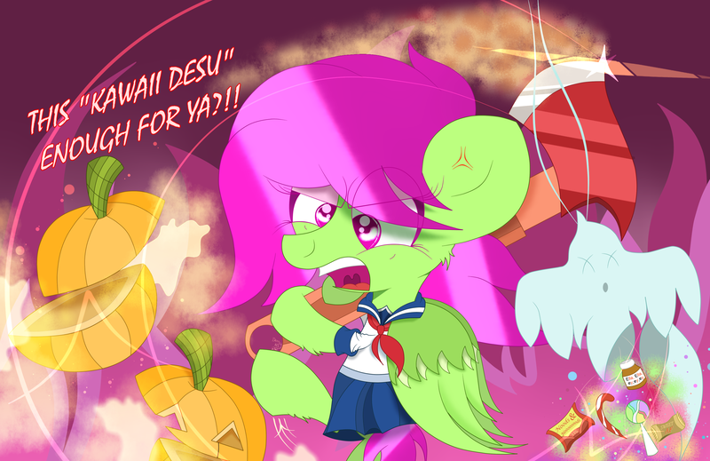 Size: 2700x1750 | Tagged: safe, artist:dannykay4561, derpibooru import, oc, oc:breeze skies, unofficial characters only, ghost, pegasus, pony, angry, anime, axe, candy, clothes, costume, dialogue, female, food, halloween, halloween costume, holiday, jack-o-lantern, mare, pumpkin, sailor uniform, school uniform, schoolgirl, skirt, solo, weapon, wings