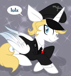 Size: 852x902 | Tagged: safe, artist:daisy-dictator, derpibooru import, oc, unofficial characters only, alicorn, pony, alicorn oc, alicornified, aryan pony, clothes, hat, lying down, male, nazi, one eye closed, race swap, schutzstaffel, solo, speech bubble, uniform, wink