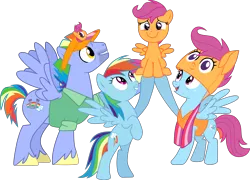Size: 4750x3416 | Tagged: safe, artist:frownfactory, derpibooru import, bow hothoof, rainbow dash, scootaloo, windy whistles, pegasus, pony, parental glideance, .svg available, clothes, costume, female, filly, freckles, happy, hat, male, mare, rainbow dash's parents, scarf, scootalove, shirt, simple background, smiling, stallion, stubble, svg, transparent background, unshorn fetlocks, vector, wings