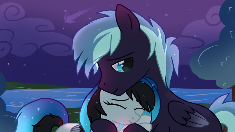 Size: 1024x576 | Tagged: safe, artist:sugguk, derpibooru import, oc, oc:lullaby, oc:spectrum lights, unofficial characters only, pony, female, half r63 shipping, hug, lake, male, mare, night, rule 63, shipping, stallion, tree