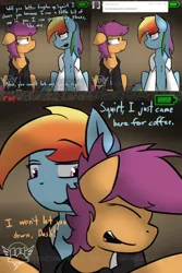 Size: 1500x2250 | Tagged: safe, artist:conmanwolf, derpibooru import, rainbow dash, scootaloo, pony, ask factory scootaloo, fanfic:rainbow factory, battery, clothes, comic, factory scootaloo, hug, lab coat, rainbow factory dash, recording