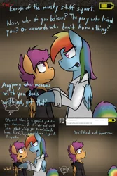 Size: 1500x2250 | Tagged: safe, artist:conmanwolf, derpibooru import, rainbow dash, scootaloo, pony, ask factory scootaloo, fanfic:rainbow factory, battery, clothes, comic, factory scootaloo, lab coat, rainbow factory dash, recording