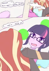 Size: 826x1200 | Tagged: safe, artist:yuck, derpibooru import, sci-twi, sunset shimmer, twilight sparkle, equestria girls, blushing, colored pupils, comic, dialogue, female, glasses, lesbian, out of context, scitwishimmer, shipping, sunsetsparkle