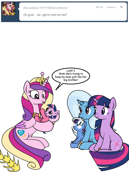 Size: 600x800 | Tagged: safe, artist:dekomaru, derpibooru import, princess cadance, trixie, twilight sparkle, oc, oc:aurora, oc:nebula, pony, unicorn, tumblr:ask twixie, ask, female, lesbian, magical lesbian spawn, mare, offspring, parent:trixie, parent:twilight sparkle, parents:twixie, shipping, tumblr, twixie