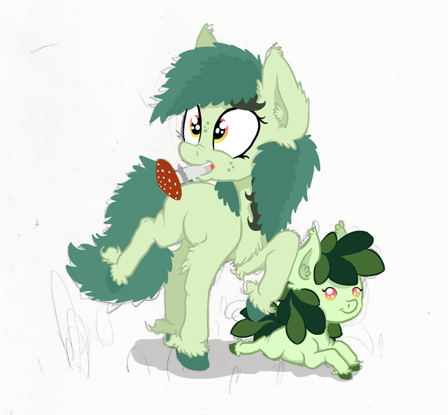 Size: 1529x1413 | Tagged: safe, artist:paskanaakka, derpibooru import, oc, oc:bittergreen, oc:sweetleaf, unofficial characters only, earth pony, pony, baby, baby pony, chest fluff, colored hooves, duo, ear fluff, female, filly, freckles, mushroom, nose wrinkle, simple background, sisters, smiling, unshorn fetlocks