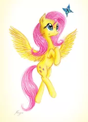 Size: 1000x1390 | Tagged: safe, artist:theflyingmagpie, derpibooru import, fluttershy, butterfly, pegasus, pony, colored pencil drawing, female, hooves to the chest, looking at something, looking up, mare, simple background, solo, spread wings, stray strand, traditional art, white background, wings