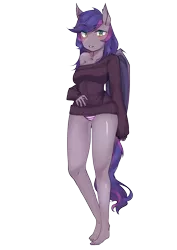 Size: 2480x3508 | Tagged: suggestive, artist:ms-xana, derpibooru import, oc, oc:midnight melody, unofficial characters only, anthro, bat pony, anthro oc, breasts, clothes, commission, cute, female, looking at you, off shoulder, panties, solo, solo female, striped underwear, sweater, underwear