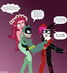 Size: 858x931 | Tagged: safe, artist:robukun, derpibooru import, gloriosa daisy, pinkie pie, princess luna, equestria girls, arm behind back, bare shoulders, bound and gagged, catwoman, cloth gag, gag, harley quinn, kidnapped, poison ivy, sleeveless, strapless, vice principal luna