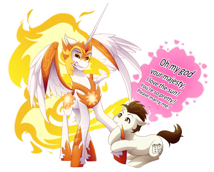 Size: 5184x4165 | Tagged: safe, artist:mylittlesheepy, derpibooru import, daybreaker, oc, oc:deadline, alicorn, earth pony, pony, a royal problem, absurd resolution, canon x oc, commission, mane of fire, simple background, spread wings, transparent background, wings