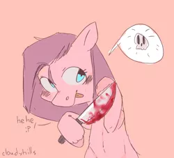 Size: 1600x1450 | Tagged: semi-grimdark, artist:cloudyhills, derpibooru import, pinkie pie, pony, blood, dialogue, knife, pinkamena diane pie, skull, smiley face, solo, tongue out