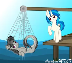 Size: 1984x1748 | Tagged: safe, artist:awokenarts, derpibooru import, octavia melody, vinyl scratch, merpony, pony, unicorn, amused, caught, duo, fishing, fishing net, net, ocean, octavia is not amused, species swap, unamused