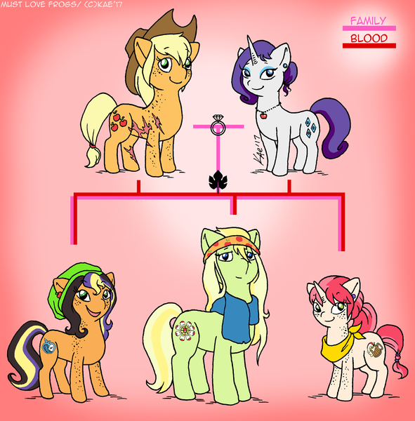 Size: 1181x1200 | Tagged: safe, artist:kaemantis, deleted from derpibooru, derpibooru import, applejack, rarity, oc, oc:evening cameo, oc:honeyjack, oc:western beauty, earth pony, pony, unicorn, chibi, female, lesbian, magical lesbian spawn, mare, offspring, parent:applejack, parent:rarity, parents:rarijack, rarijack, scar, shipping